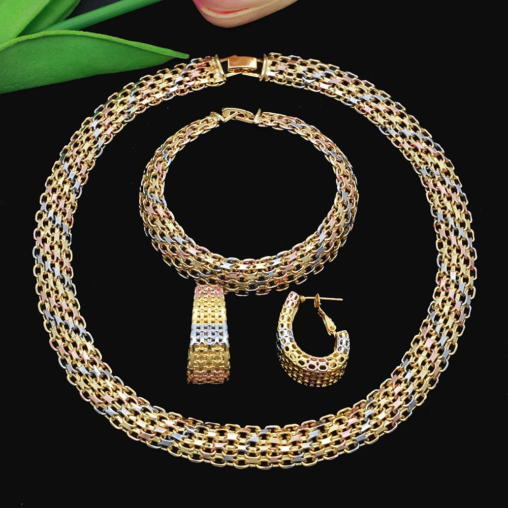 Simple Elegant Gold Color Women Jewelry Sets Necklace Earrings Bracelet Set Fashion Set Dubai Wedding Banquet Party Gifts