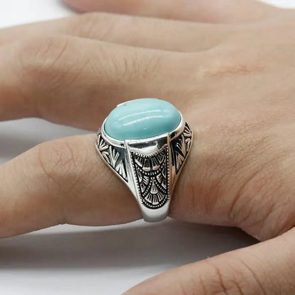 S925 Sterling Silver Inlaid Oval Turquoise Stone Men's Ring Turkish Jewelry Everyday Wear Holiday Gift